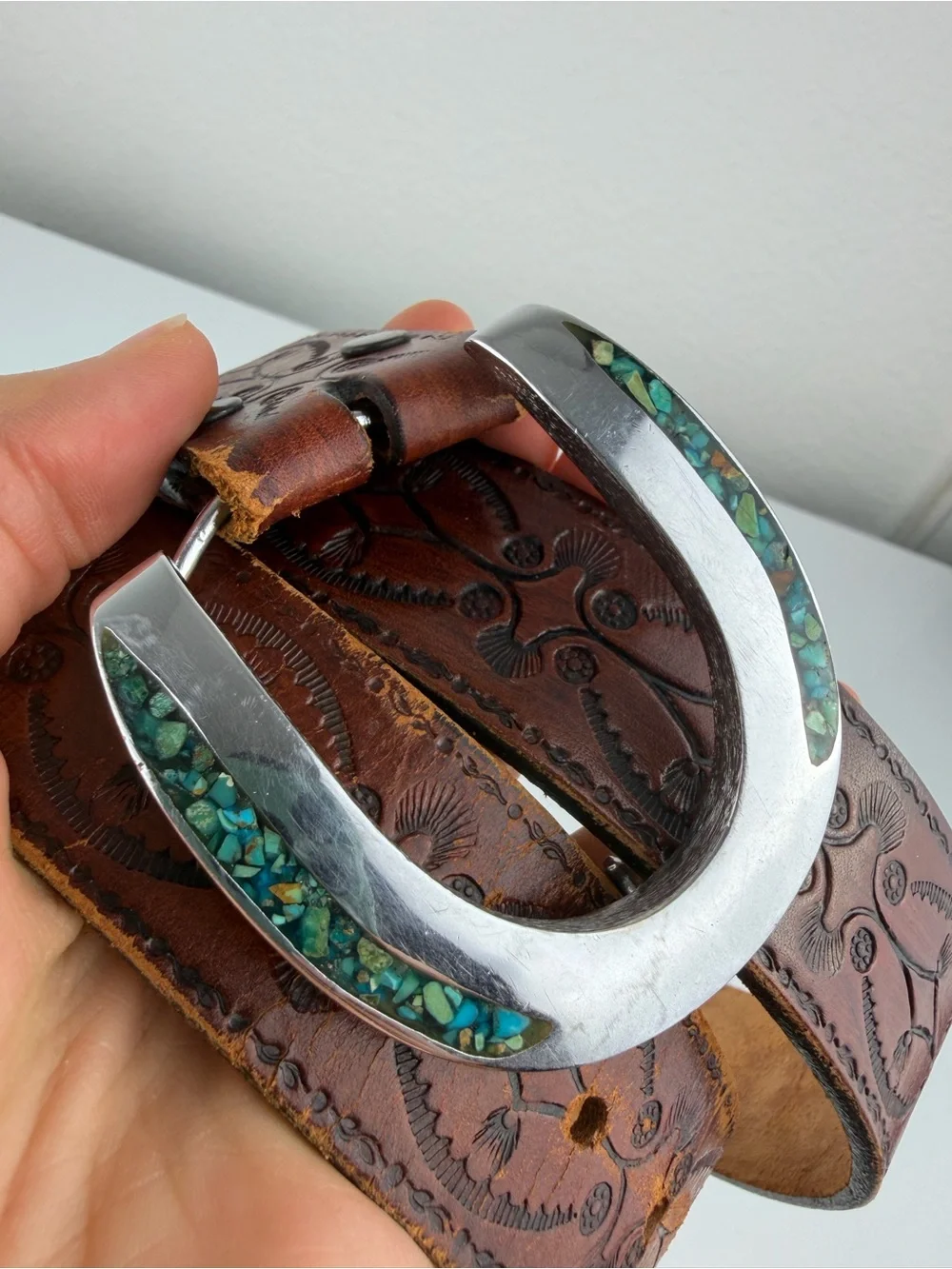 Turquoise and Silver Leather Belt Brown 36